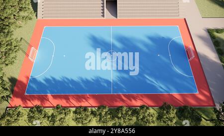 Vue aérienne par drone du terrain de futsal avec couleur bleue et rouge Banque D'Images