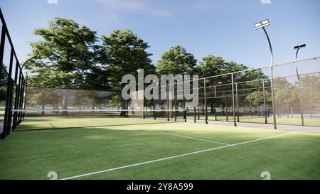 Court de Padel extérieur avec lignes, filet et structure en verre dans la zone rurale Banque D'Images