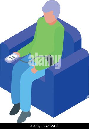 Homme âgé assis dans une chaise et vérifiant sa pression artérielle à la maison à l'aide d'un tensiomètre numérique Illustration de Vecteur