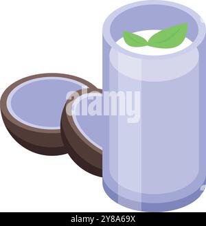 Un verre rafraîchissant de lait de coco se trouve à côté de deux moitiés d'une noix de coco fraîchement craquée Illustration de Vecteur