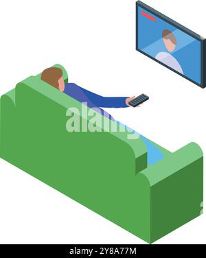 La personne est confortablement allongée sur un canapé vert, tenant une télécommande et regardant une télévision Illustration de Vecteur