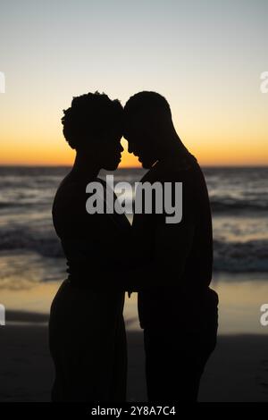 Un couple afro-américain silhouetté partage un moment tendre au coucher du soleil, avec un espace de copie Banque D'Images