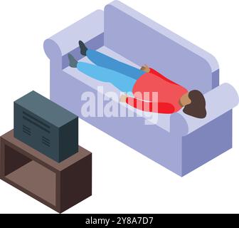 Jeune femme dormant sur un canapé tout en regardant la télévision à la maison Illustration de Vecteur