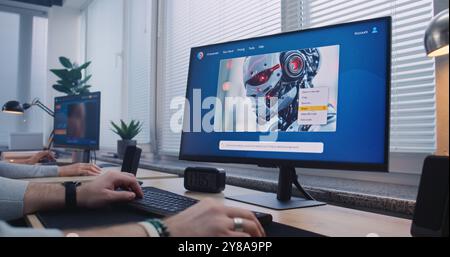 Homme adulte dans les écouteurs entre prompt dans le générateur d'image ai sur l'ordinateur. Chatbot d'intelligence artificielle générer un portrait d'image détaillé du robot de science-fiction. Collègue féminin travaille sur PC en arrière-plan. Banque D'Images