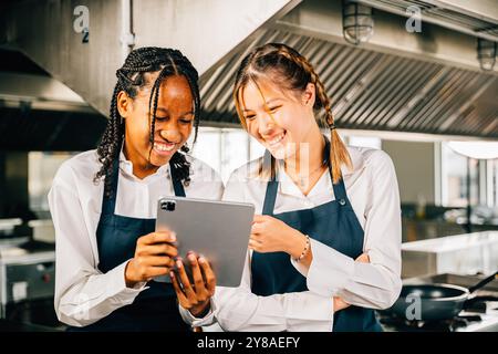 Deux chefs célèbres dans une cuisine professionnelle en acier inoxydable discutent de leur blog vidéo à l'aide d'une tablette Banque D'Images