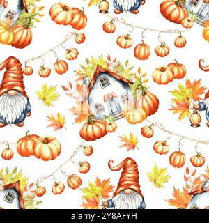 Gnomes avec citrouilles et maison de jardin. Modèle pour enfants sans couture d'automne. Décoration d'automne pour Thanksgiving ou Halloween. Aquarelle dessinée à la main Banque D'Images