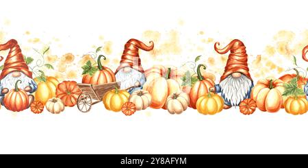 Gnomes avec citrouilles et chariot en bois. Bordure sans couture d'automne. Répétition de l'automne à Thanksgiving ou Halloween. Illustration d'aquarelle dessinée à la main Banque D'Images