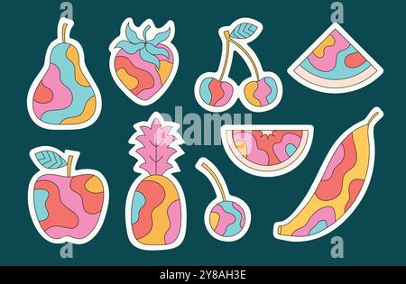 Autocollants de fruits de style dessin animé groovy lumineux. Hippie 60s, 70s style fraise, poire, pomme, ananas, feuille d'autocollants cerise, agrumes, banane. Illustration de Vecteur