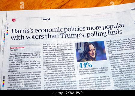 Les politiques économiques de Kamala Harris sont plus populaires auprès des électeurs que celles de Trump, selon un sondage, le journal Guardian fait la une des élections américaines du 1er octobre 2024 au Royaume-Uni Banque D'Images