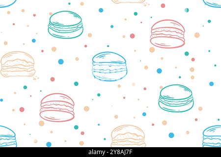 Motif sans couture de macaron de contour coloré dessiné à la main. Fond pastel délicat avec des biscuits français. Impression alimentaire sucrée pour textile, emballage, menu Illustration de Vecteur