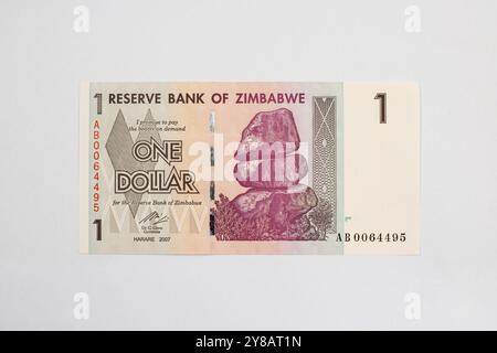 Zimbabwe billet d'un dollar avec Chiremba Balancing Rocks et Color-Shifting Zimbabwe Bird Banque D'Images