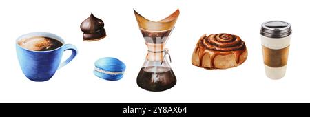 Set de café et desserts. Cafetière, americano, macaron, tasse à café en papier avec couvercle, pain à la cannelle. Illustration d'aquarelle de peinture à la main isolée Banque D'Images