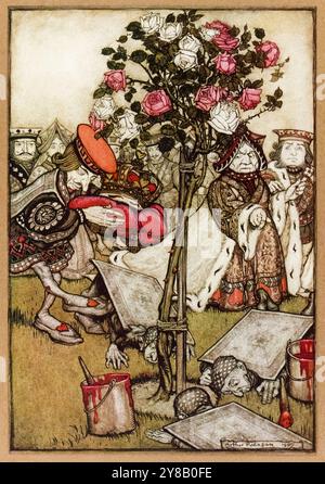 « La Reine ! La Reine ! et les trois jardiniers se jetèrent instantanément à plat sur leurs visages ! » Illustration tirée de « Alice’s Adventures in Wonderland » de Lewis Carroll (1832-1898), œuvre d’Arthur Rackham (1867-1939) montrant la procession de la Reine de cœur. Photographie tirée d'une première édition de 1907 publiée par William Heinemann, Londres et Doubleday, page & Co, New York. Crédit : AF Fotografie / Collection privée Banque D'Images