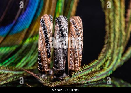un ensemble de trois anneaux. bijoux sur le fond de plumes de paon. trois anneaux avec des pierres. anneaux de mariage en or et en argent. Banque D'Images