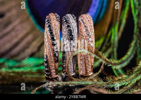 un ensemble de trois anneaux. bijoux sur le fond de plumes de paon. trois anneaux avec des pierres. anneaux de mariage en or et en argent. Banque D'Images