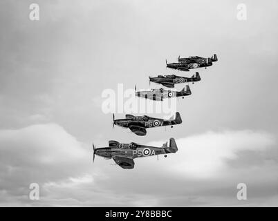 Une formation de Boulton Paul Defiants, un avion d'interception britannique qui a servi pendant la seconde Guerre mondiale avec la Royal Air Force. Il a été conçu comme un chasseur à tourelle, de nuit et de jour, pour concentrer la puissance de feu sur les bombardiers ennemis qui n'étaient pas censés avoir d'escortes de chasse en raison de la distance entre l'Allemagne et le Royaume-Uni. Le Defiant avait tout son armement dans une tourelle dorsale offrant la capacité de tirer dans la plupart des directions, mais était vulnérable au chasseur Messerschmitt Bf 109 de la Luftwaffe. Le Defiant a été remplacé mi-1942 par des chasseurs de nuit plus performants. Banque D'Images