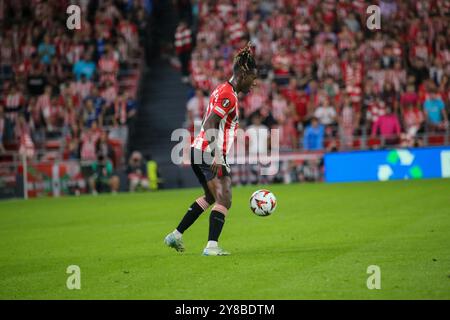 Bilbao, Euskadi, Espagne. 3 octobre 2024. Bilbao, Espagne, 03 octobre 2024 : le joueur de l'Athletic Club, Nico Williams (10 ans) avec le ballon lors de la 2ème journée de la phase Europa League du Groupe UEFA 2024-25 entre Athletic Club et Az Alkmaar, le 3 octobre 2024, au stade San Mamés, à Bilbao, Espagne. (Crédit image : © Alberto Brevers/Pacific Press via ZUMA Press Wire) USAGE ÉDITORIAL SEULEMENT! Non destiné à UN USAGE commercial ! Banque D'Images