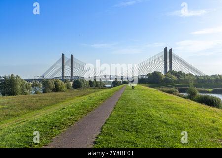 Pont Martinus Nijhoff traversant la rivière Waal sur l'autoroute A2 avec des voitures et des camions Banque D'Images