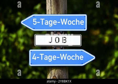 MONTAGE PHOTO, panneau de signalisation Job avec inscription semaine 5 jours et semaine 4 jours, FOTOMONTAGE, Wegweiser Job mit Aufschrift 5-Tage-Woche und 4-Tage-Woche Banque D'Images