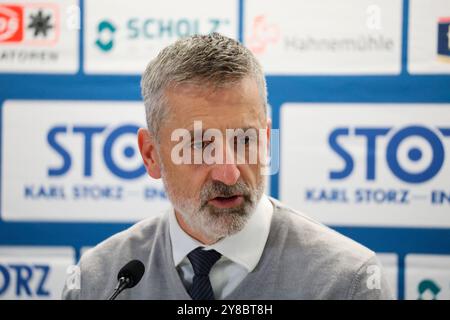 Villingen Schwenningen, Allemagne. 1er octobre 2024. Coach/entraîneur Mark French (ERC Ingolstadt) BEI der Pressekonferenz, PK nach dem Spiel der DEL 24-25, 5. Sptg. : Schwenninger Wild Wings vs ERC Ingolstadt crédit : dpa/Alamy Live News Banque D'Images