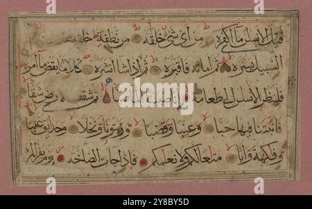 Versets coraniques, inconnu, calligraphie, arabe, manuscrits, arabe, Washington (D.C.), Inde, calligraphie arabe, manuscrits islamiques enluminés, calligraphie islamique, manuscrits islamiques, Naskh, versets coraniques en écriture Naskh, origine sud-asiatique., dimensions de la surface écrite : 14,3 (w) x 8,6 (h) cm, c'est en effet un message d'instruction. / Donc que celui qui le gardera en souvenir. / Il est dans les livres tenus en honneur, / Exalté, gardé pur et Saint, / écrit par les mains des scribes, / honorable, pieux, et juste. (80:11-16), ces versets coraniques sont écrits dans un script naskh fluide Banque D'Images