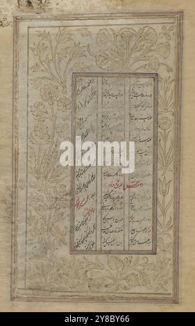 Page tirée d'un texte non identifié, XVIIe-XVIIIe siècles, calligraphie, arabe, calligraphie, persan, manuscrits, persan, Washington (DC), Iran, Inde, calligraphie arabe, manuscrits islamiques enluminés, calligraphie islamique, manuscrits islamiques, Nasta'liq, fragment de texte persan non identifié sur la futilité du monde, écrit en écriture Nasta'liq en Iran ou en Inde, XVIIe ou XVIIIe siècle., dimensions de la surface écrite : 5,4 (w) x 12 (h) cm, le recto et le verso de son fragment calligraphique contiennent des portions d'un texte persan non identifié sur la futilité du monde. Le texte con Banque D'Images