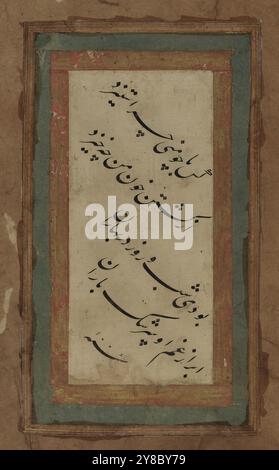 Deux bayts (versets) de poésie, Sultan Hafiz Muhammad 'Ali, 1006/1597-8, calligraphie, arabe, calligraphie, persan, manuscrits, persan, Washington (DC), Iran, calligraphie arabe, manuscrits islamiques enluminés, calligraphie islamique, manuscrits islamiques, Nasta'liq, deux bayts (vers) de poésie persane, dans le style safavide écrit en noir nasta'liq script., et les deux dernières lignes se lisent : Budi shab u ruz dar baharan / ABR az ghamm-i u sarashk baran., dimensions de la surface écrite : 7,5 (w) x 16,2 (h) cm, pendant la nuit et le jour du printemps, / le nuage pleurait à cause de sa tristesse, in Banque D'Images