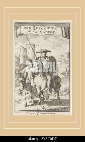 Don Quicotte et Sancho, Don Quicotte de la Manche (titre sur l'objet), page titre pour : M. de Cervantes y Saavedra, histoire de l'admirable Don Quixotte de la Manche, 1696, Don Quicotte à cheval, à côté de lui Sancho sur un âne., estampe, imprimeur : Caspar Luyken, (mentionné sur l'objet), éditeur : Pieter mortier (I), Amsterdam, 1696, papier, gravure, hauteur, 116 mm × largeur, 71 mm Banque D'Images