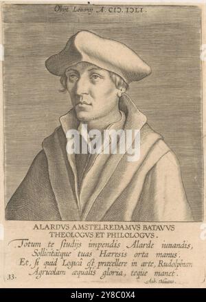 Portrait d'Allard van Amsterdam, Portraits de célèbres érudits néerlandais et flamands (titre de la série), Illustrium Galliae Belgicae scriptorum icones et elogi (titre de la série), Portrait d'Allard van Amsterdam. Dans la marge supérieure figurent le lieu et l'année du décès. Dans la marge inférieure son nom, ses professions et quatre lignes de texte latin. En bas à gauche : 33., imprimerie, imprimeur : Philips Galle, (atelier de), après impression par : Jacob Cornelisz van Oostsanen, Aubert le mire, (mentionné sur l'objet), imprimeur : Anvers, éditeur : Anvers, éditeur : Anvers, éditeur : Bruxelles, 1604 et, ou 1608 et, ou 1739, p Banque D'Images