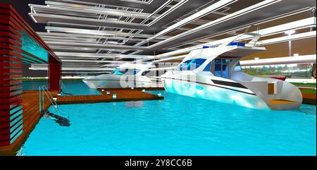Deux bateaux à moteur amarrés à un quai en bois la nuit sur le terrain d'un condominium d'élite construit sur les rives d'une baie tranquille. Rendu 3D. Banque D'Images