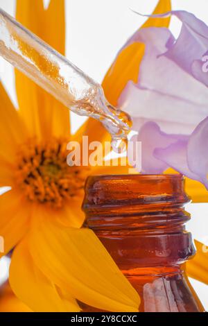 Compte-gouttes d'huile d'aromathérapie avec des fleurs vibrantes Banque D'Images