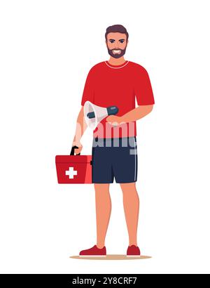 Sauveteur de plage professionnel debout avec haut-parleur et boîte rouge de trousse de premiers soins médicaux. Jeune homme travaille dans les secours d'urgence sur la plage. Sécurité staf Illustration de Vecteur