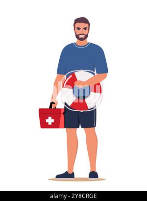 Sauveteur de plage professionnel debout avec bouée de sauvetage et boîte rouge de trousse de premiers soins médicaux. Jeune homme travaille dans les secours d'urgence sur la plage. Personnel de sécurité, Illustration de Vecteur