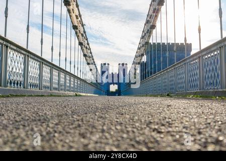 Lignes de câbles suspendus sur les ponts traversant la rivière Conwy jusqu'au château de la ville. Banque D'Images