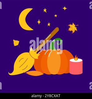 Composition d'Halloween avec citrouille, bougie, feuilles et balai. Conception d'automne pour les cartes d'invitation, le décor de truc ou de traitement, les salutations Illustration de Vecteur