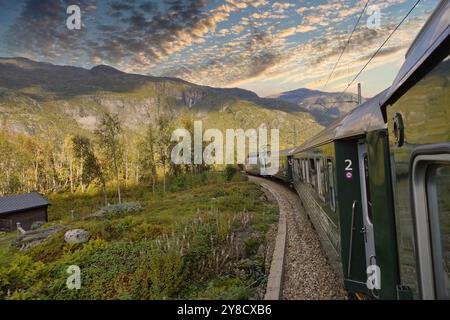 6 septembre 2024 - Norvège méridionale vue depuis la fenêtre du train Flam (le chemin de fer de FlŒm, FlŒmsbana) alors qu'il descend de Myrdal - le j Banque D'Images