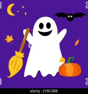 Le fantôme d'Halloween tient une citrouille. Conception vectorielle sur fond isolé. Style dessin animé. Illustration de Vecteur