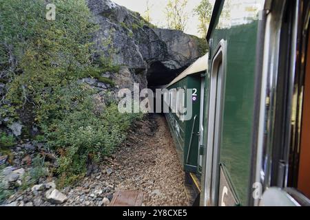 6 septembre 2024 - Norvège méridionale vue depuis la fenêtre du train Flam (chemin de fer de FlŒm, FlŒmsbana) lorsqu'il pénètre dans un tunnel descendant la pente Banque D'Images