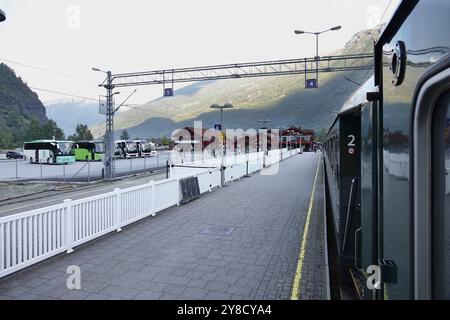 6 septembre 2024 - Norvège méridionale vue de la fenêtre du train Flam (le chemin de fer de FlŒm, FlŒmsbana) comme il arrive à Flam de Myrdal - le JO Banque D'Images