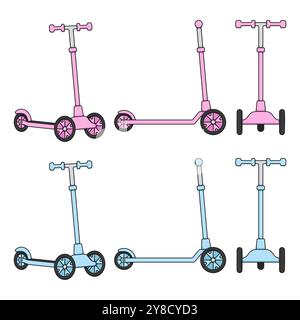 Ensemble d'illustration de couleur avec scooter à trois roues pour enfants. Objet vectoriel isolé sur fond blanc. Illustration de Vecteur