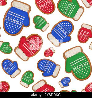 Motif sans couture de Noël. Biscuits en pain d'épices multicolores en forme de moufles isolés sur blanc. Banque D'Images