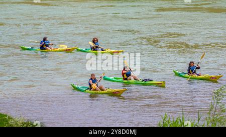 Kayaks sur l'Èbre sur la descente en kayak de la Plataforma en Defensa de l'Ebre arrivant à la ville de Tortosa (Tarragone, Catalogne, Espagne) Banque D'Images