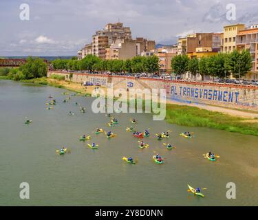 Kayaks sur l'Èbre sur la descente en kayak de la Plataforma en Defensa de l'Ebre arrivant à la ville de Tortosa (Tarragone, Catalogne, Espagne) Banque D'Images