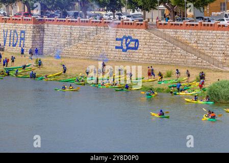 Kayaks sur l'Èbre sur la descente en kayak de la Plataforma en Defensa de l'Ebre arrivant à la ville de Tortosa (Tarragone, Catalogne, Espagne) Banque D'Images