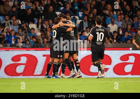 Naples, Campanie, ITALIE. 4 octobre 2024. Pendant le match de football du 04/10/2024, valable pour le championnat italien Serie A - 2024/25 à Naples au Diego Armando Maradona Stadium entre SSC Napoli vs FC Como. Sur la photo : objectif le Gabriel Strefezza de Côme (crédit image : © Fabio Sasso/ZUMA Press Wire) USAGE ÉDITORIAL SEULEMENT! Non destiné à UN USAGE commercial ! Crédit : ZUMA Press, Inc/Alamy Live News Banque D'Images