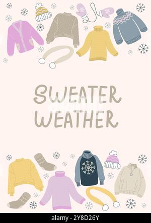 Carte d'hiver avec chandail lettré météo, flyer mignon dessiné à la main. Carte postale avec lettrage et chandails. Illustrations vectorielles plates. Illustration de Vecteur