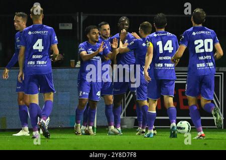 Maasmechelen, Belgique. 04 octobre 2024. Adnane Abid de Patro Eisden célèbre après avoir marqué lors d'un match de football entre Patro Eisden et KMSK Deinze, vendredi 04 octobre 2024 à Maasmechelen, lors de la septième journée de la deuxième division du championnat belge 'Challenger Pro League' 2024-2025. BELGA PHOTO JOHAN Eyckens crédit : Belga News Agency/Alamy Live News Banque D'Images