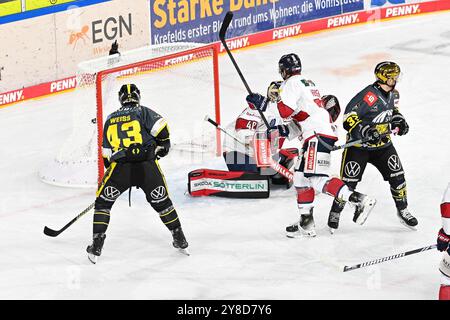 Eishockey DEL2 - 24/25 - 8. Spieltag : Krefeld Pinguine vs EHC Freiburg AM 04.10.2024 in der Yayla Arena in Krefeld Tor zum 1:1 Foto : osnapix Banque D'Images