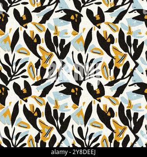 Motif imprimé fleuri sauvage moderne en tissu imprimé avec textures de tissu en lin. Fleurs sombres boho dessinées à la main stylisées pour les éléments de design décoratifs Banque D'Images