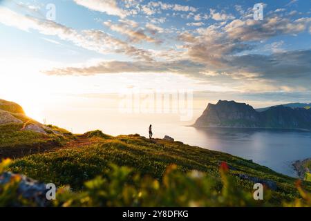 Jeune femme randonneuse admire un fjord sous un ciel bleu au soleil de minuit Banque D'Images